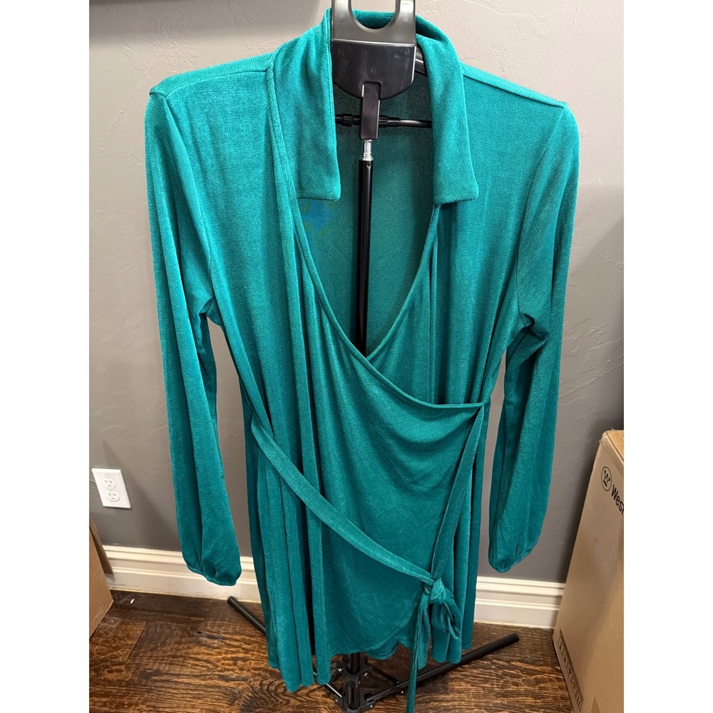 Wild Fable Teal Green Long Sleeve Wrap Dress with Collar XL